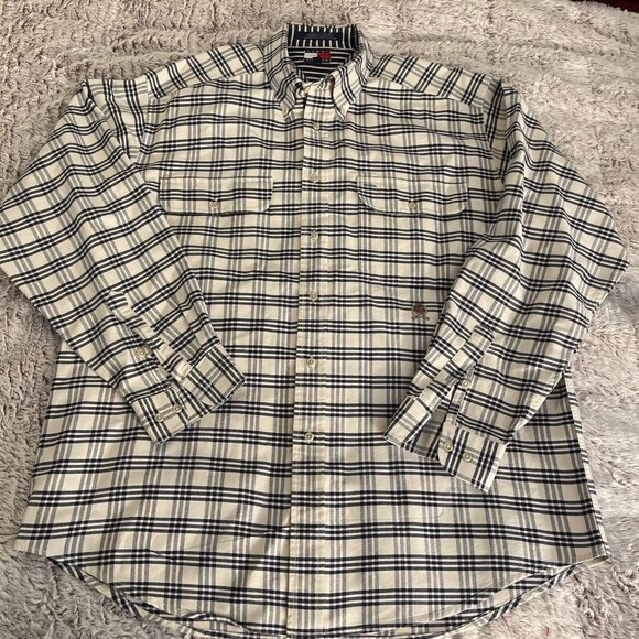 TOMMY‎ HILFIGER Button Down Crest Logo White Black Checked SHIRT Men L Pocket - Picture 1 of 14